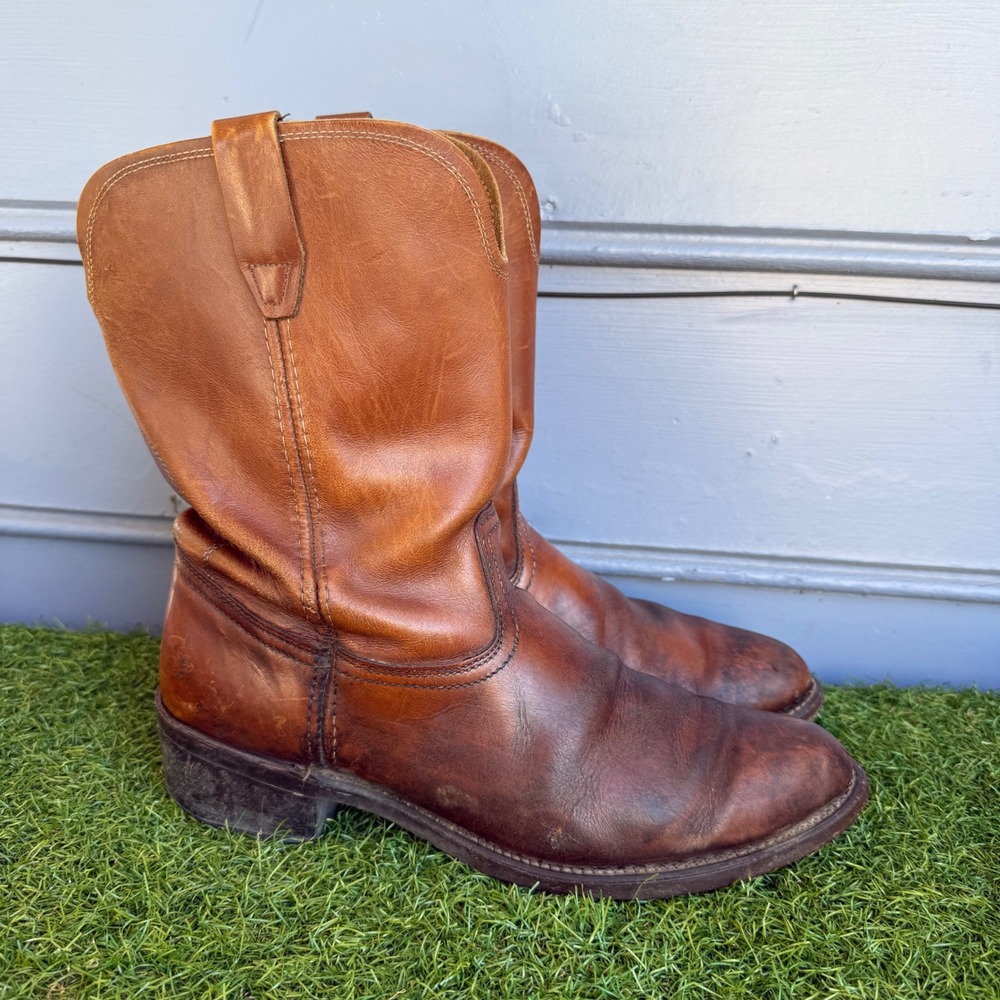 Vintage Mens Brown Leather Western Cowboy Pull On Work Boots Distressed - Picture 2 of 9